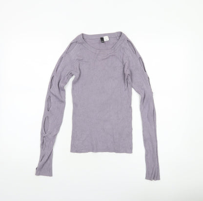 Women's Purple XS Ribbed Cut-Out Sleeve Slim Pullover Jumper