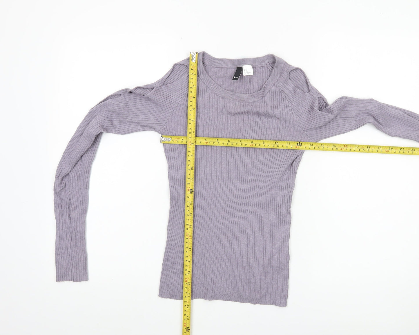 Women's Purple XS Ribbed Cut-Out Sleeve Slim Pullover Jumper