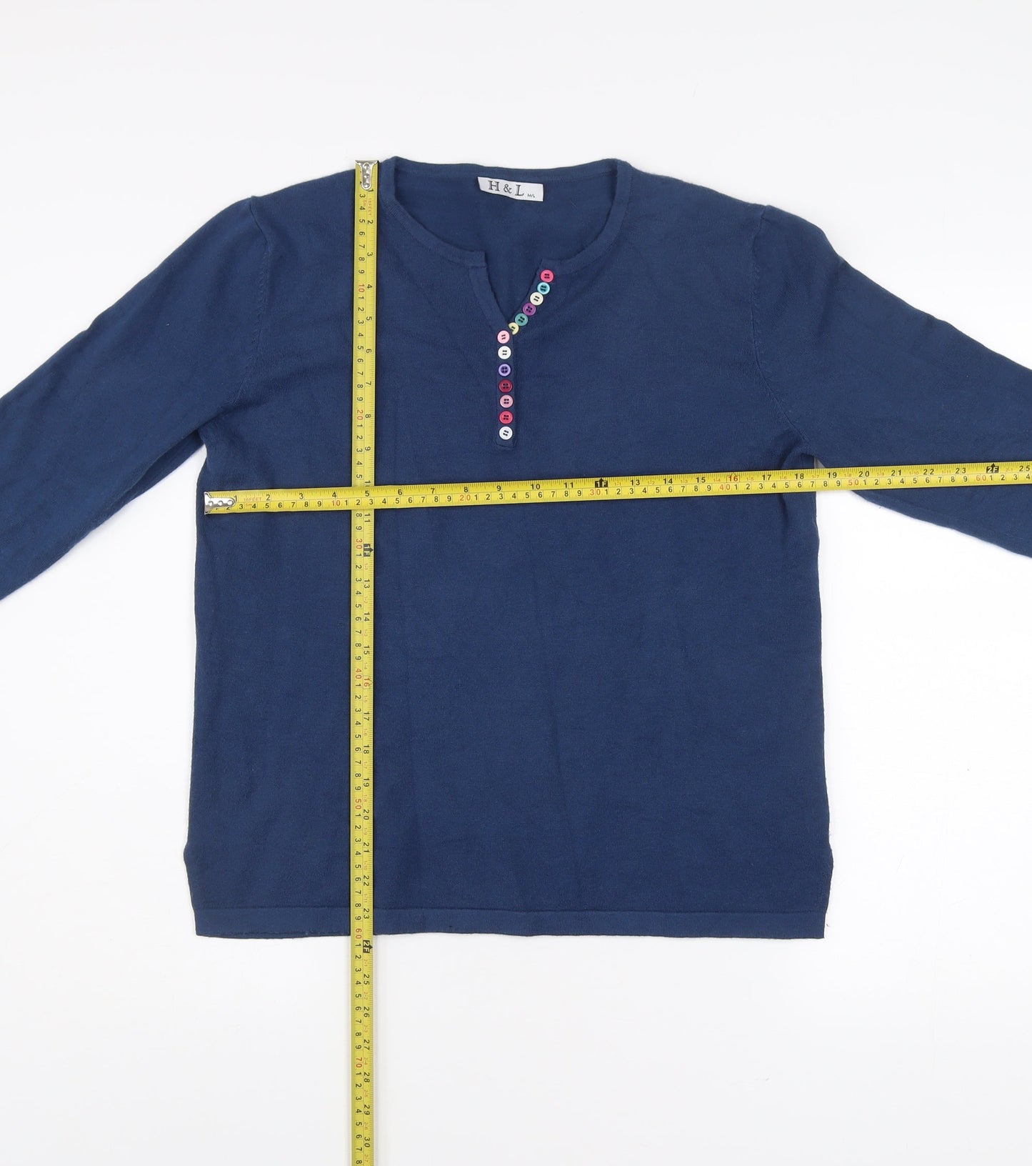 H&L Womens Blue Henley Jumper M Long Sleeve Knit V Neck Cotton Blend