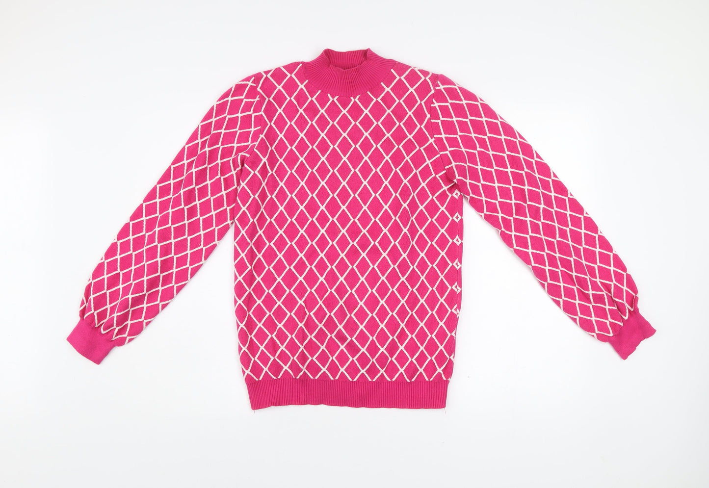 Savida Women’s Pink Mock Neck Pullover Jumper Size 10 Argyle Knit