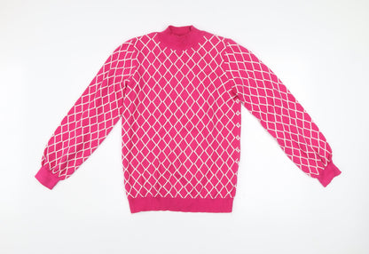 Savida Women’s Pink Mock Neck Pullover Jumper Size 10 Argyle Knit
