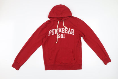 Pull&Bear Mens Red Small Pullover Hoodie Graphic Logo Hooded Sweatshirt