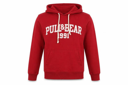 Pull&Bear Mens Red Small Pullover Hoodie Graphic Logo Hooded Sweatshirt