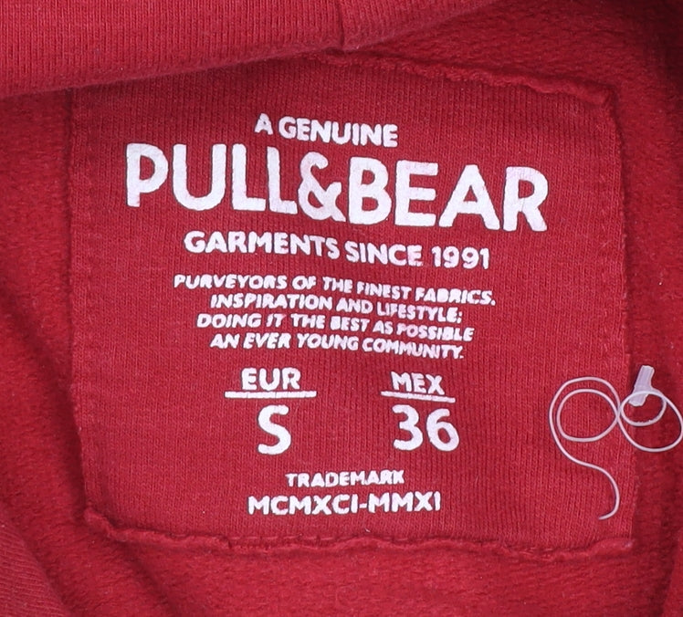 Pull&Bear Mens Red Small Pullover Hoodie Graphic Logo Hooded Sweatshirt
