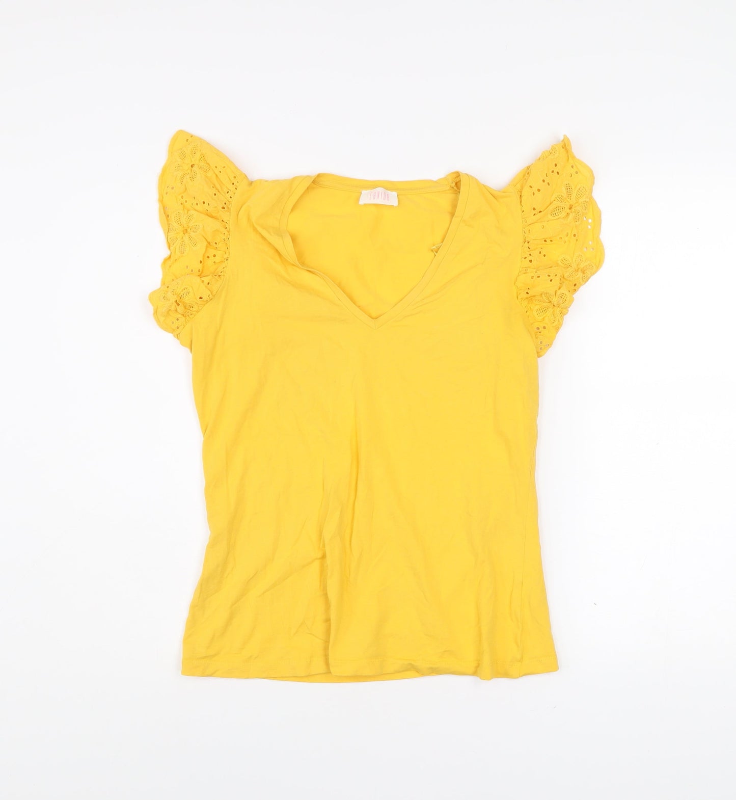 Savida Womens Yellow Embroidered Flutter Sleeve V-Neck T-Shirt Size 12