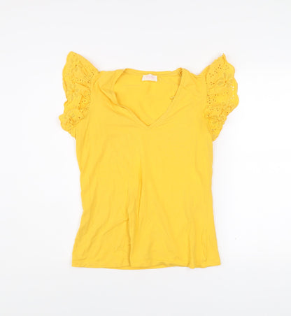Savida Womens Yellow Embroidered Flutter Sleeve V-Neck T-Shirt Size 12