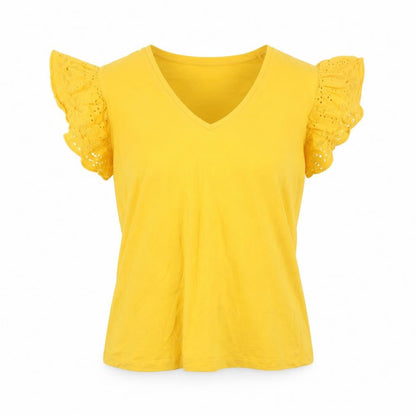 Savida Womens Yellow Embroidered Flutter Sleeve V-Neck T-Shirt Size 12