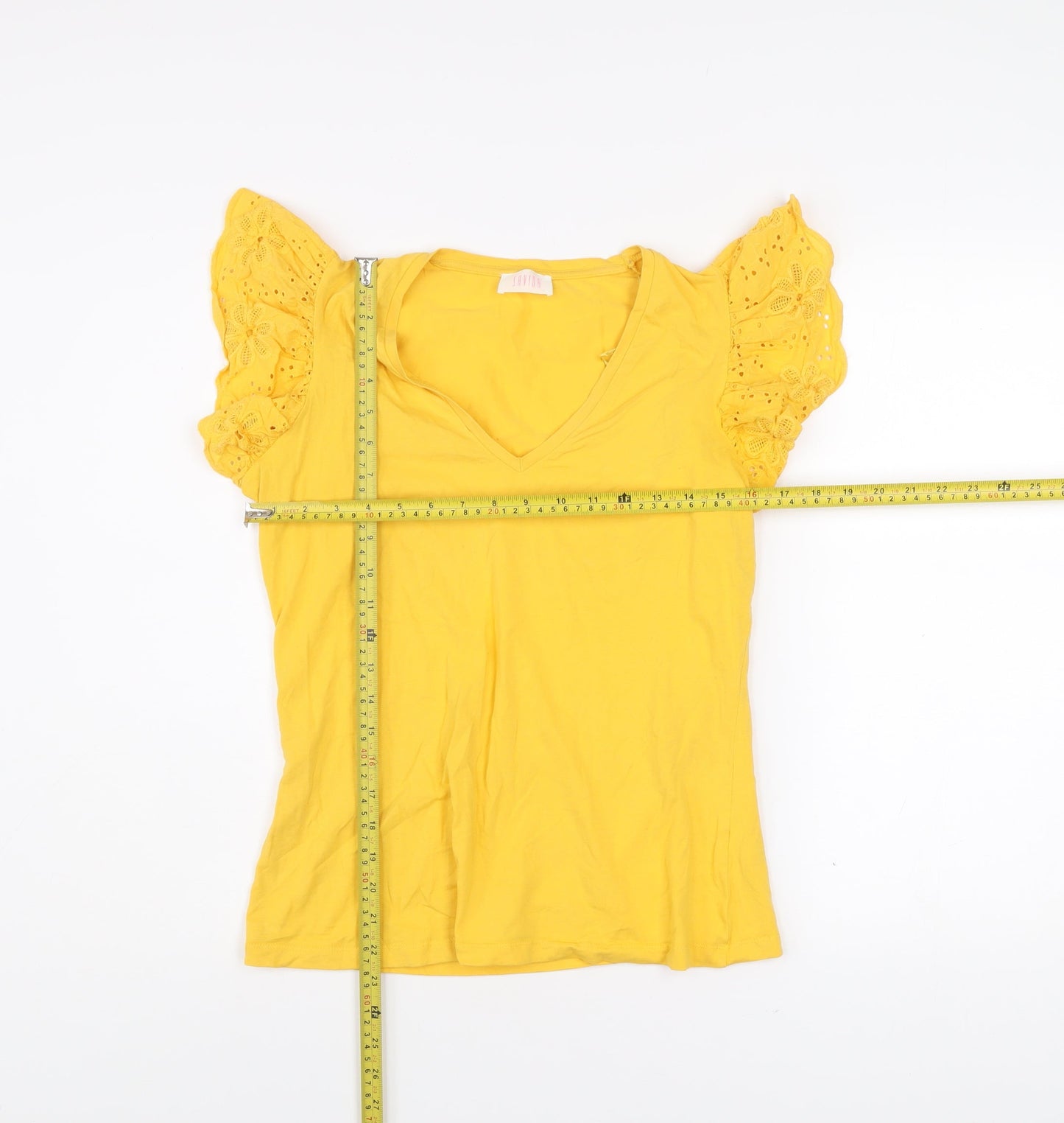 Savida Womens Yellow Embroidered Flutter Sleeve V-Neck T-Shirt Size 12