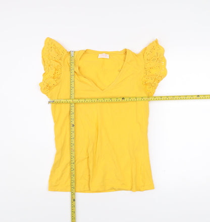 Savida Womens Yellow Embroidered Flutter Sleeve V-Neck T-Shirt Size 12