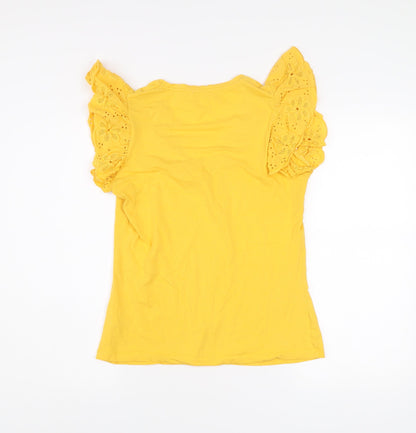 Savida Womens Yellow Embroidered Flutter Sleeve V-Neck T-Shirt Size 12