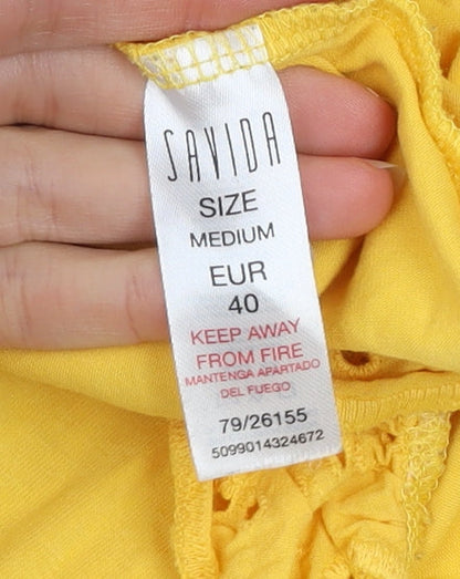 Savida Womens Yellow Embroidered Flutter Sleeve V-Neck T-Shirt Size 12