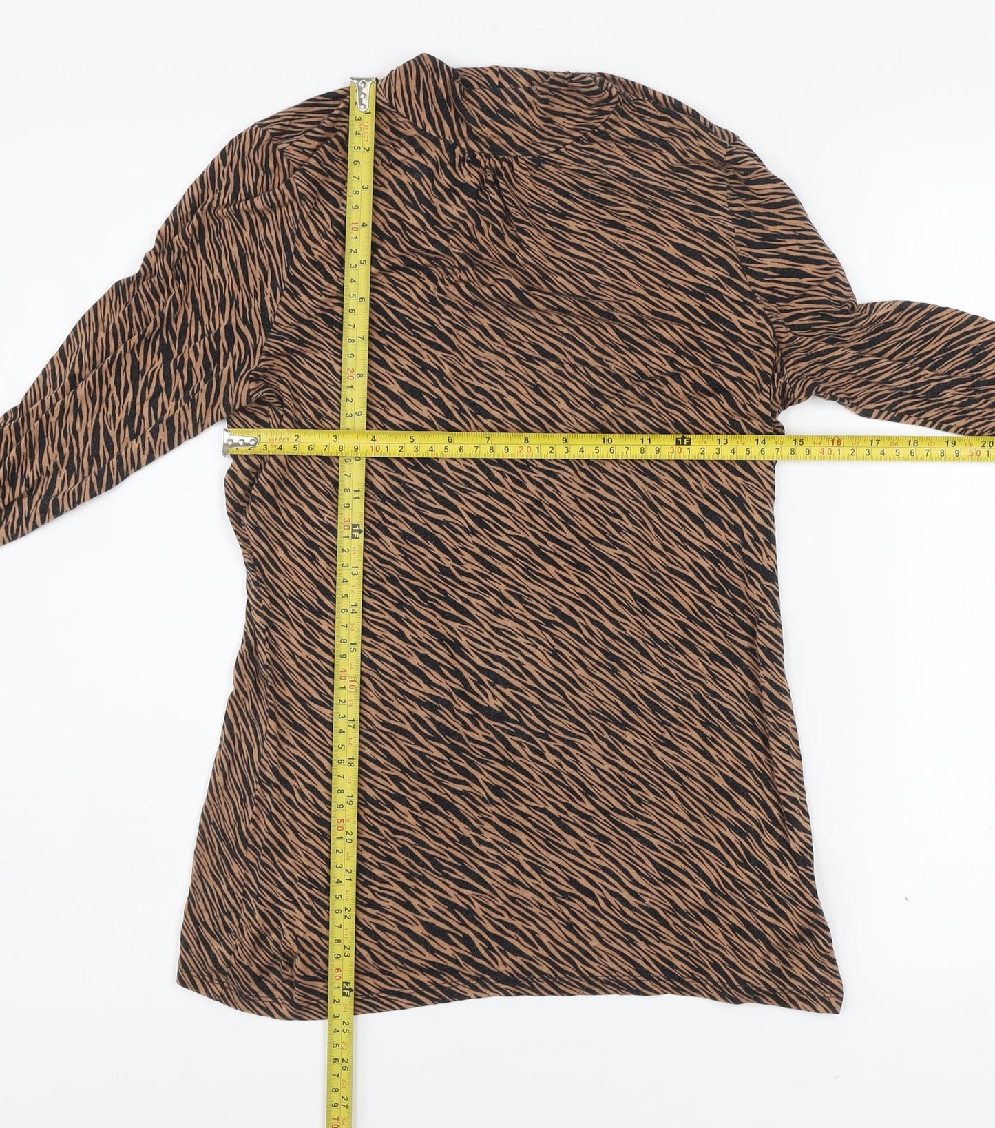 Oasis Women Brown Animal Print Viscose Tunic Blouse M Long Sleeve