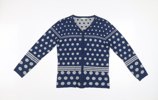 Micha Women’s Blue Polka Dot V-Neck Full Zip Cardigan Size S