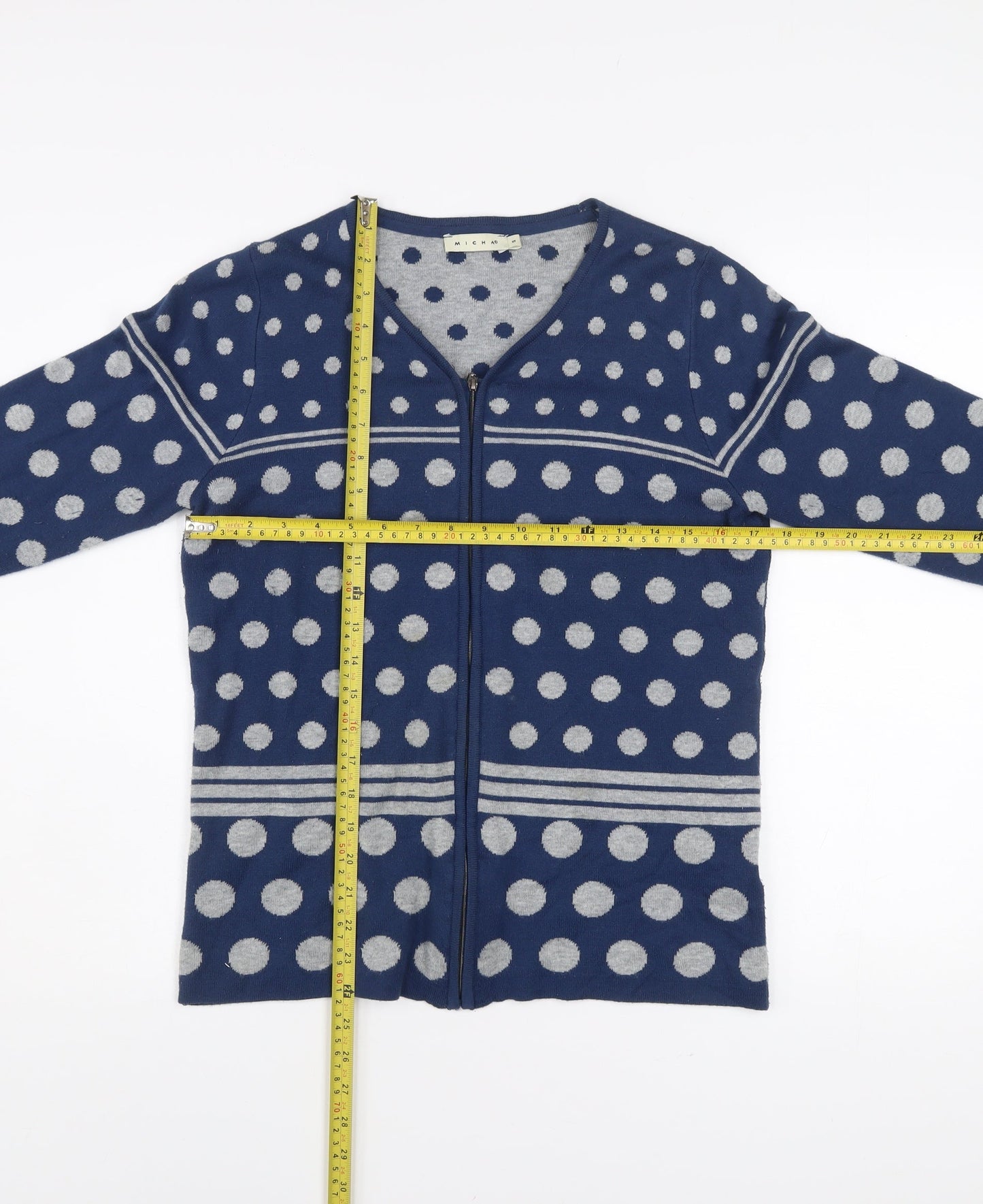 Micha Women’s Blue Polka Dot V-Neck Full Zip Cardigan Size S