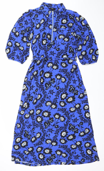 Next Womens Blue Floral Wrap Midi Dress Size 10 V-Neck 3/4 Sleeve