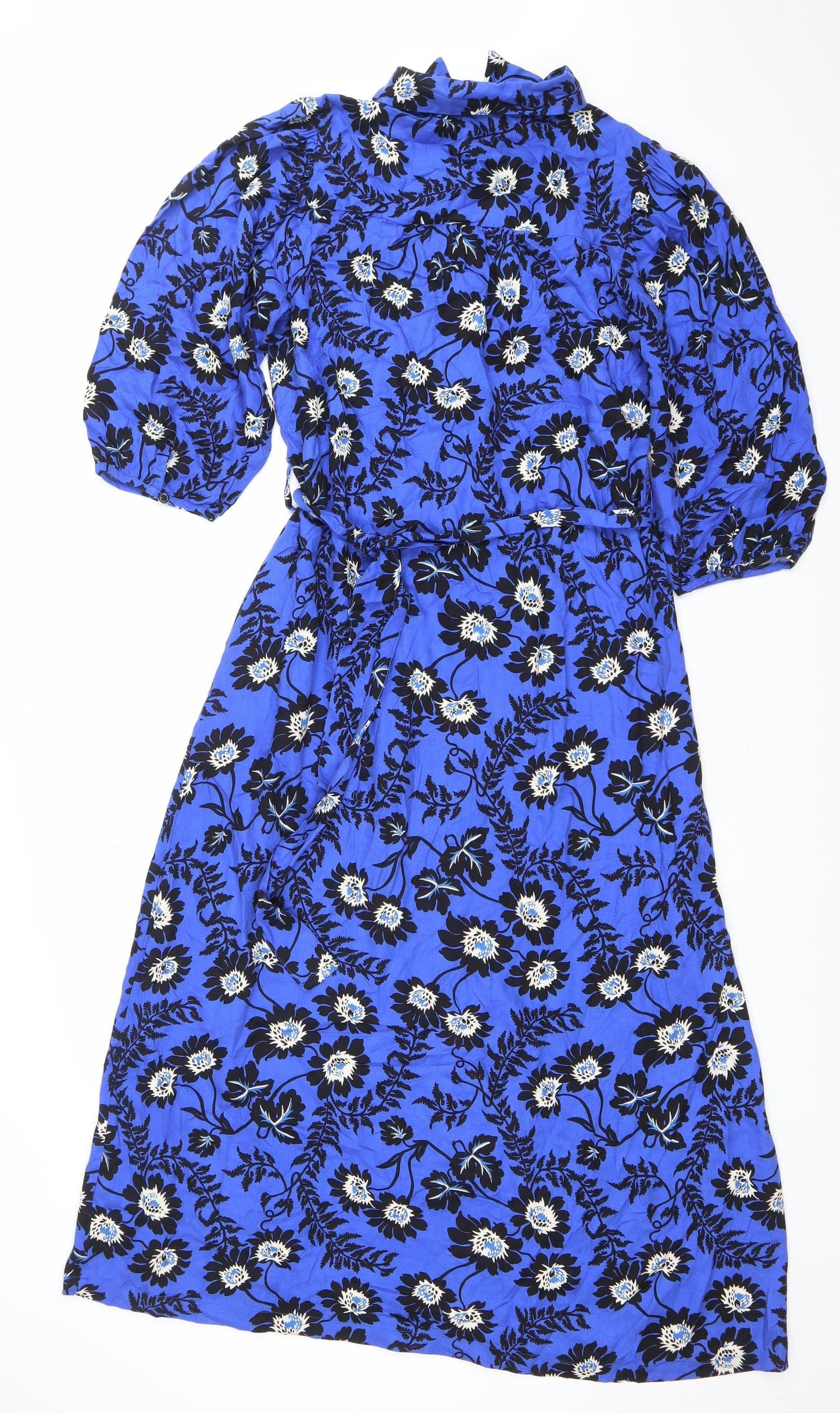 Next Womens Blue Floral Wrap Midi Dress Size 10 V-Neck 3/4 Sleeve