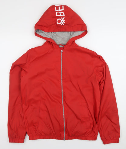 Benetton Boys Red Windbreaker Jacket 13-14 Years Hooded Full Zip