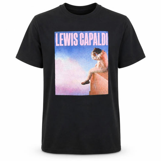 Front view of Gildan unisex black lewis capaldi tour 2023 t-shirt, size L, cotton