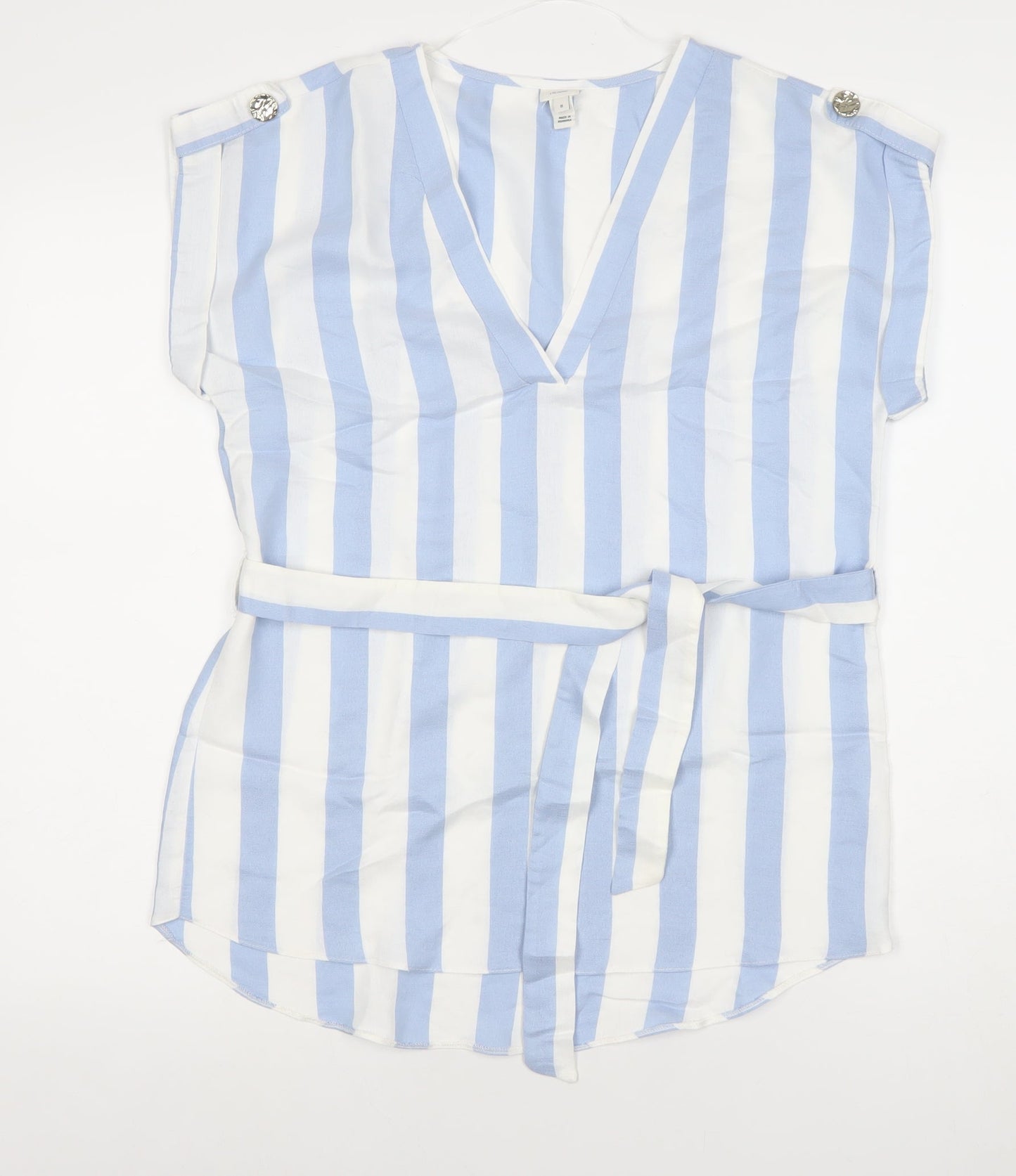 River Island Women’s Blue White Striped Belted Tunic Blouse Size 8