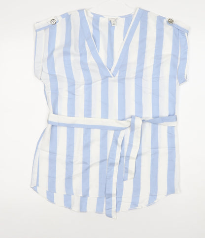 River Island Women’s Blue White Striped Belted Tunic Blouse Size 8