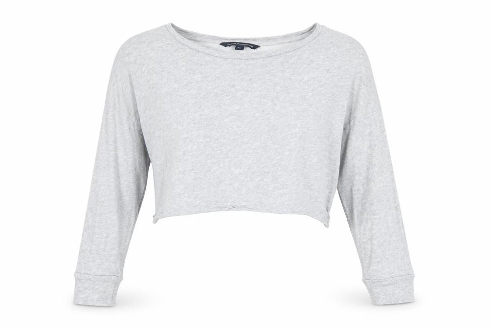 Front view of French Connection Women’s Grey White XS Cropped Long Sleeve Blouse