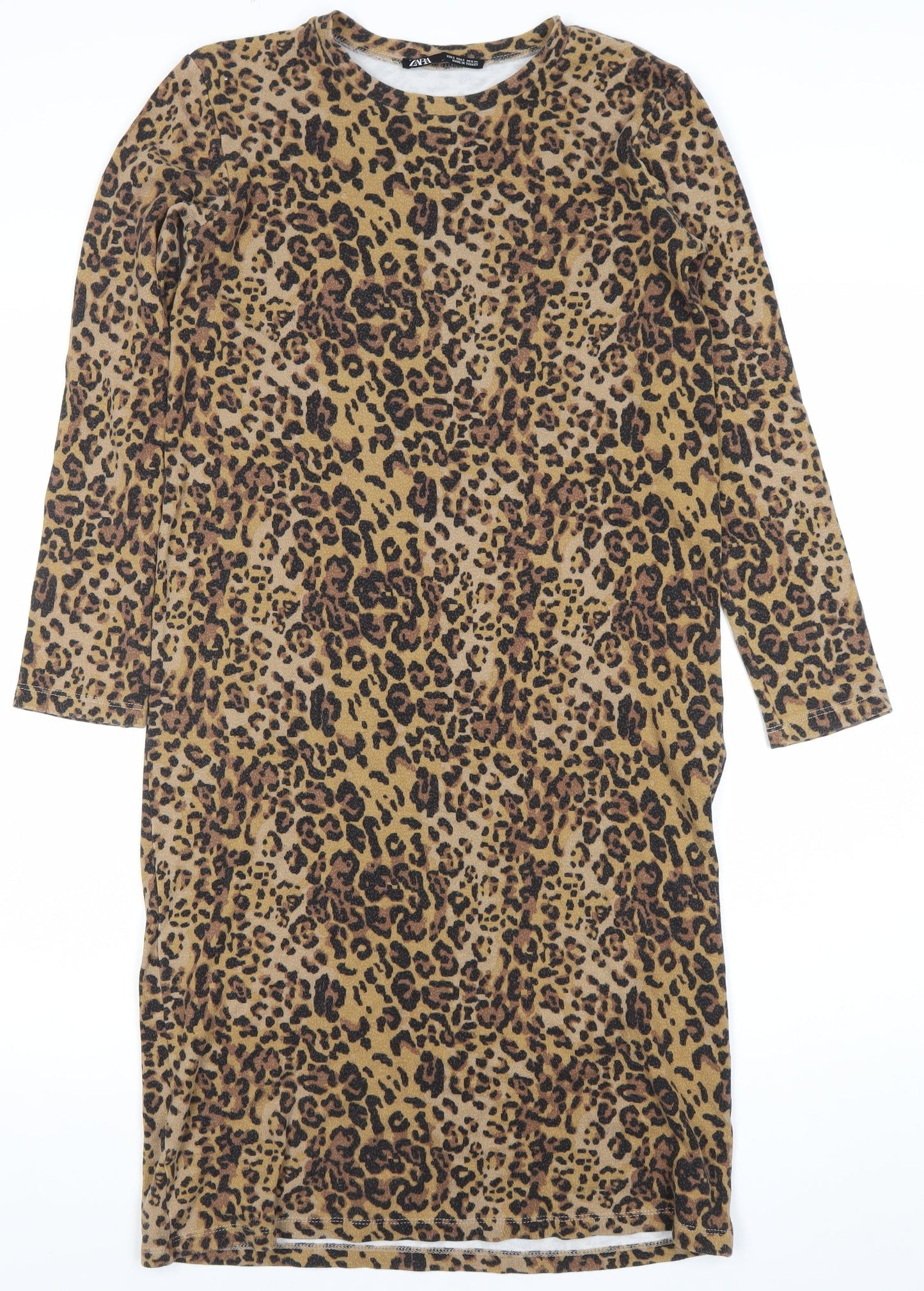 Zara Women Brown Leopard Print Bodycon Dress Size 8 Long Sleeve
