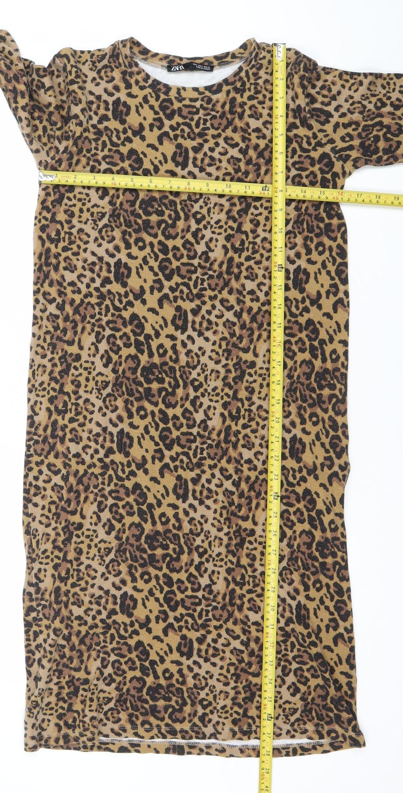 Zara Women Brown Leopard Print Bodycon Dress Size 8 Long Sleeve