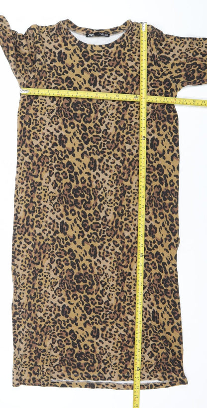 Zara Women Brown Leopard Print Bodycon Dress Size 8 Long Sleeve