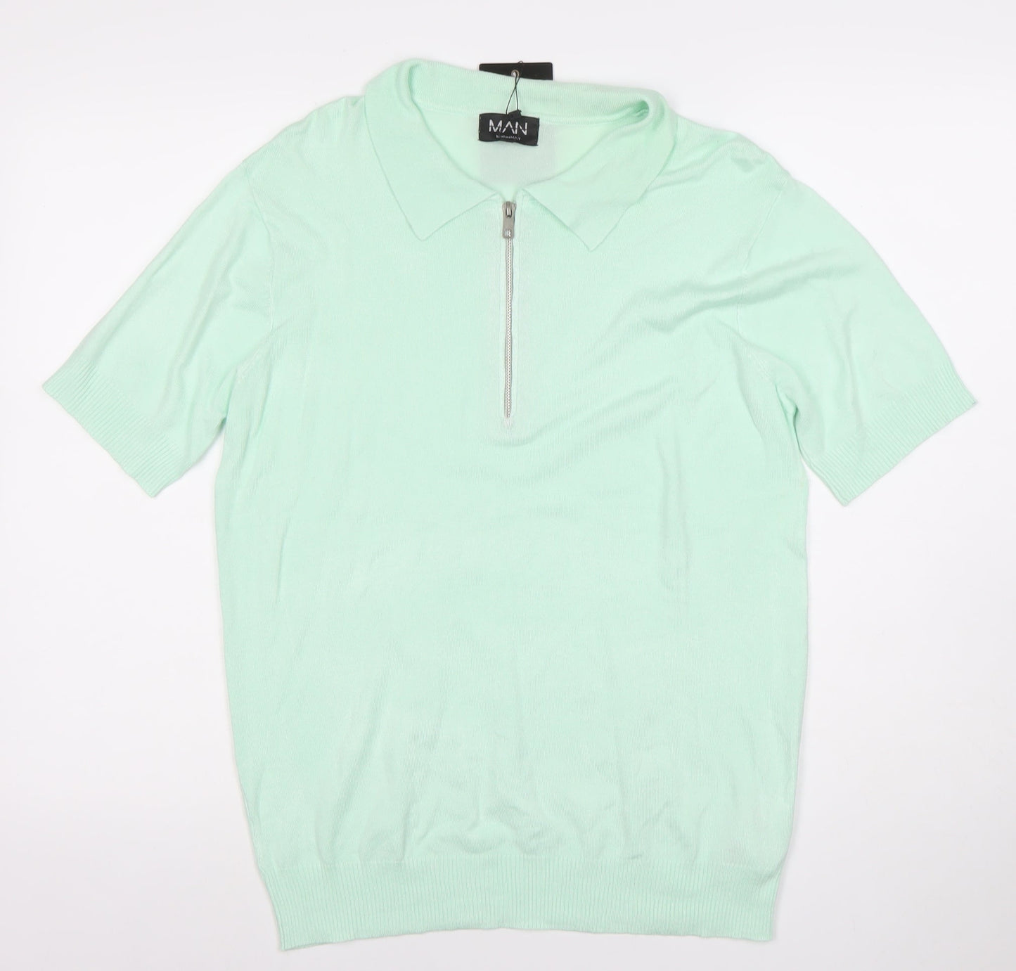 boohooMAN Unisex Green Polo Shirt M Short Sleeve Zip Collared Top