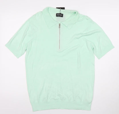 boohooMAN Unisex Green Polo Shirt M Short Sleeve Zip Collared Top