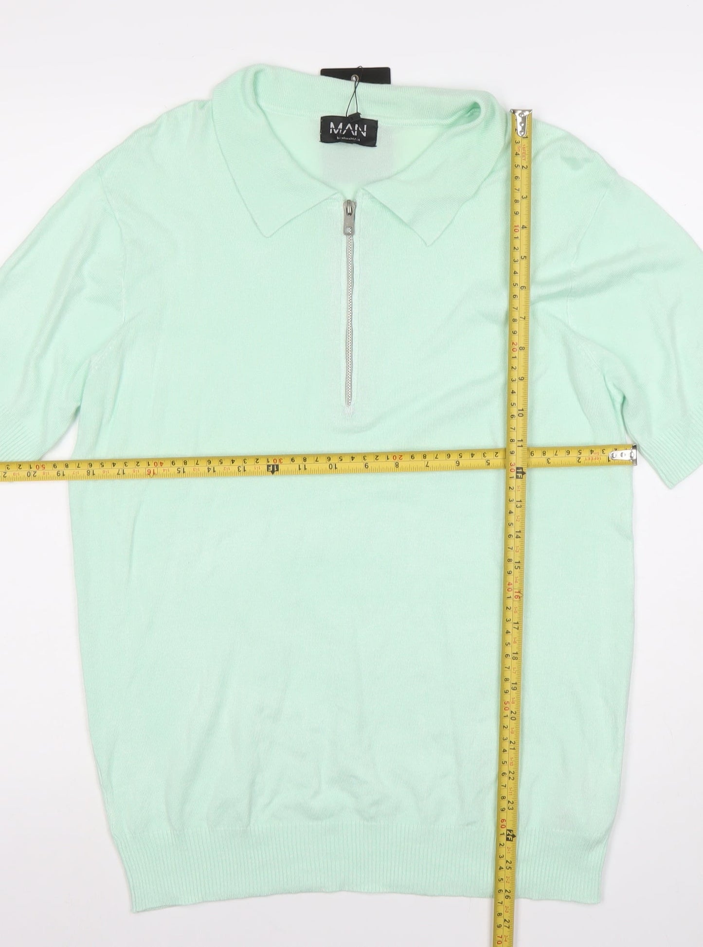 boohooMAN Unisex Green Polo Shirt M Short Sleeve Zip Collared Top
