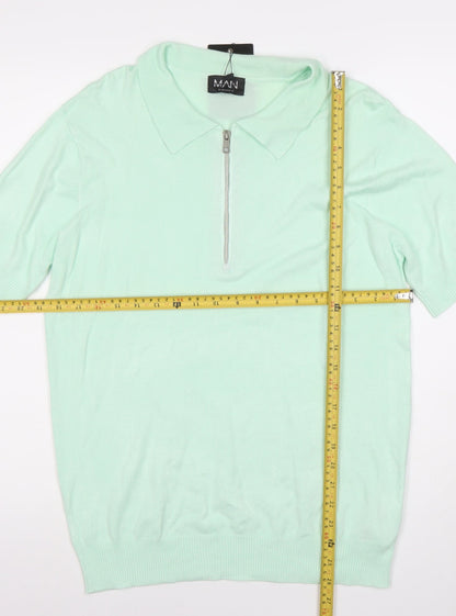 boohooMAN Unisex Green Polo Shirt M Short Sleeve Zip Collared Top