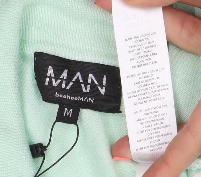 boohooMAN Unisex Green Polo Shirt M Short Sleeve Zip Collared Top