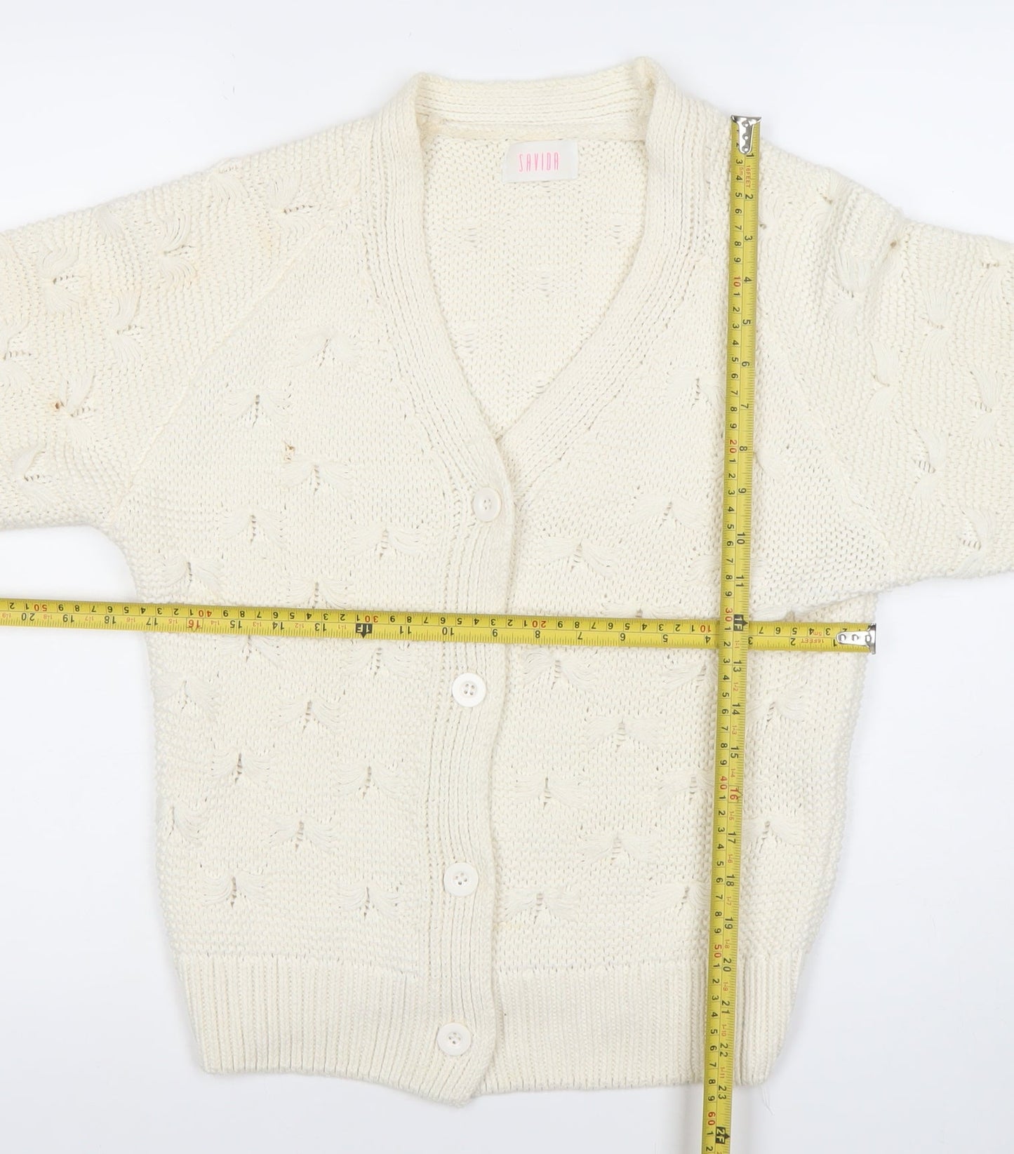 Savida Women’s Ivory V-Neck Knit Cardigan Size 12 Medium 3/4 Sleeve