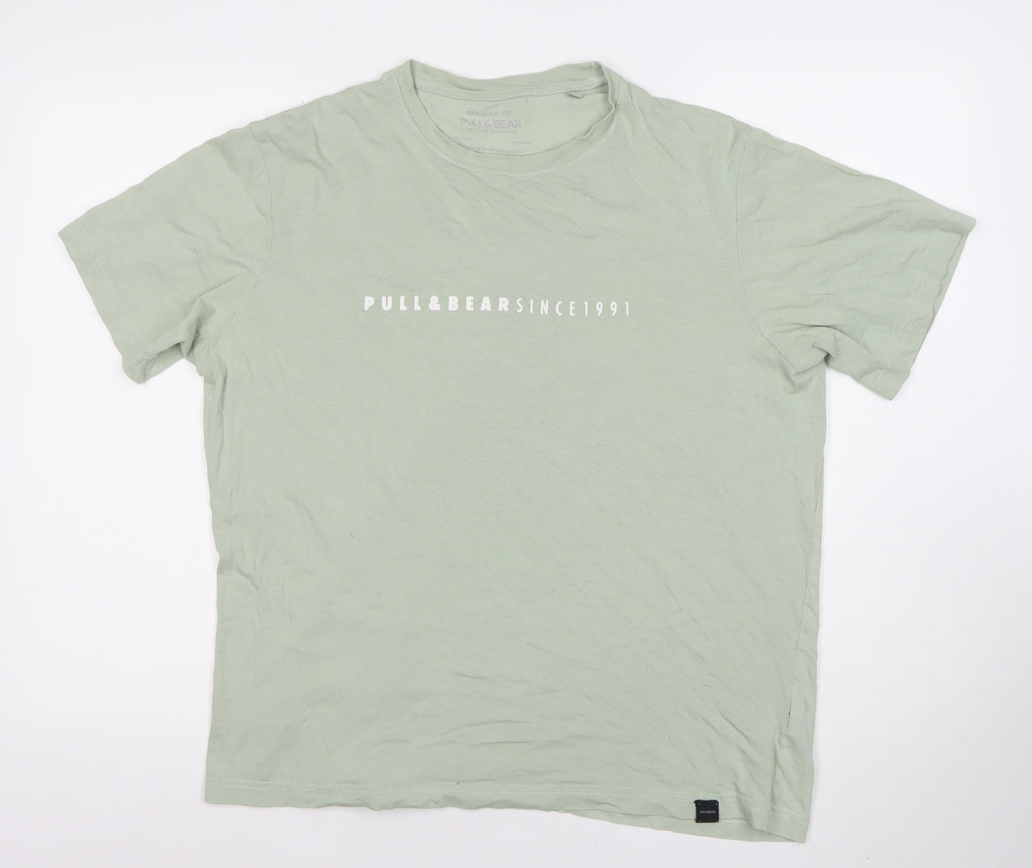 Pull&Bear Men's Green M Regular Fit Logo Cotton T-Shirt