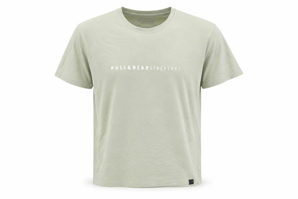 Pull&Bear Men's Green M Regular Fit Logo Cotton T-Shirt