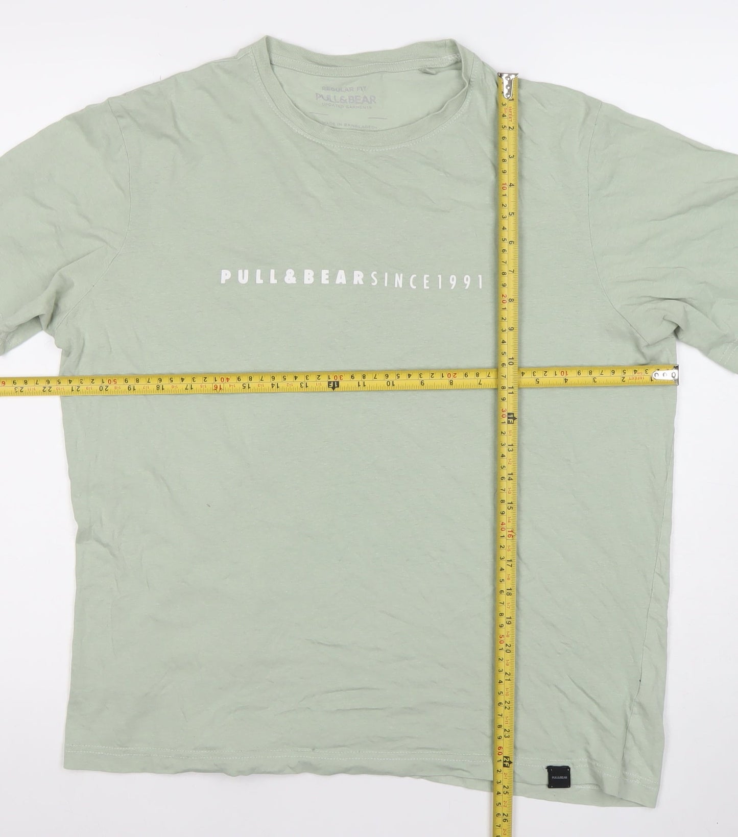 Pull&Bear Men's Green M Regular Fit Logo Cotton T-Shirt