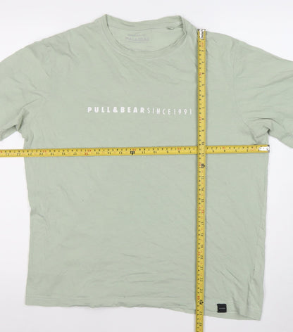 Pull&Bear Men's Green M Regular Fit Logo Cotton T-Shirt