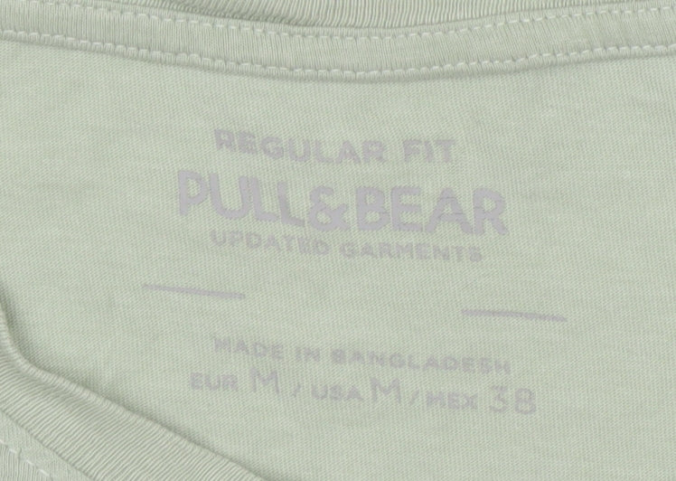 Pull&Bear Men's Green M Regular Fit Logo Cotton T-Shirt
