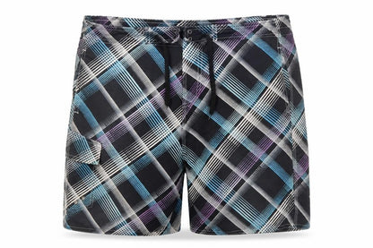 Front view of Dunnes Men’s Black Check XL Board Shorts Swimwear Quick Dry