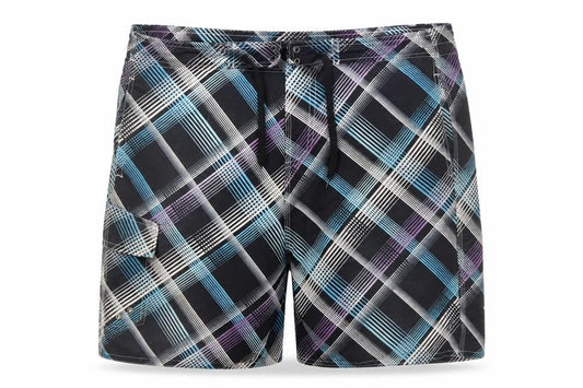 Front view of Dunnes Men’s Black Check XL Board Shorts Swimwear Quick Dry