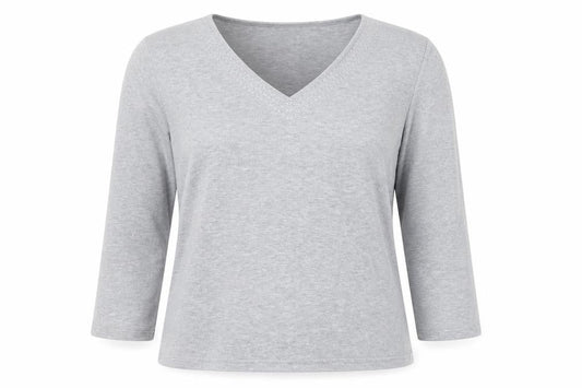 CC Women’s Grey V-Neck 3/4 Sleeve Cotton Stretch Top L