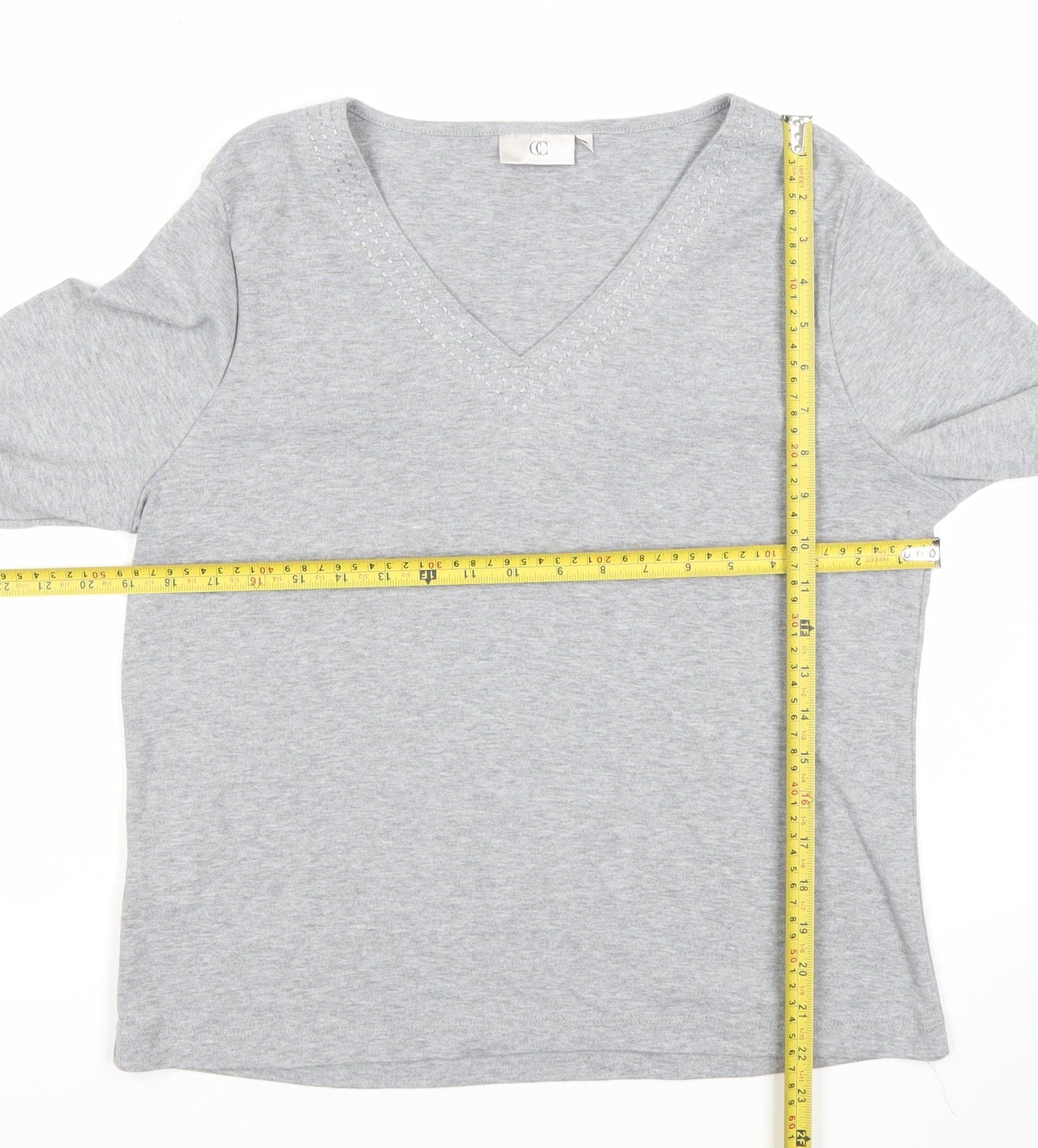 CC Women’s Grey V-Neck 3/4 Sleeve Cotton Stretch Top L