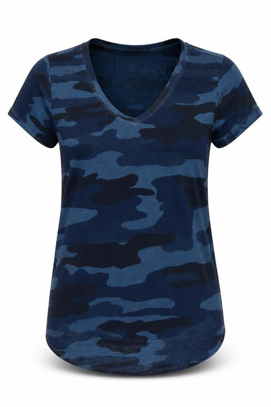 Front view of Lucky Brand unisex blue camo v-neck xs regular fit t-shirt