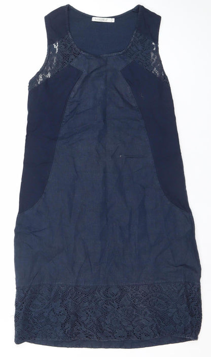Maloka Womens Blue Shift Dress Size 12 Sleeveless Lace Trim