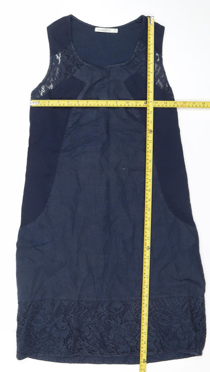 Maloka Womens Blue Shift Dress Size 12 Sleeveless Lace Trim