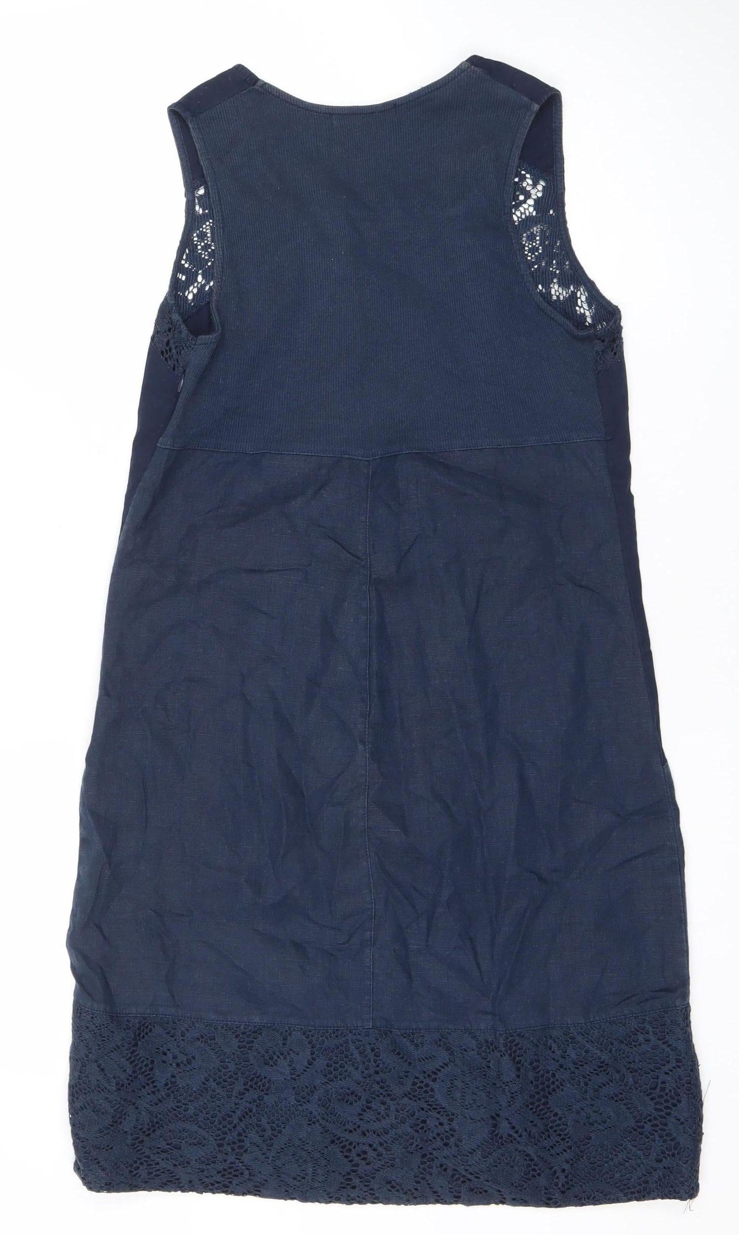Maloka Womens Blue Shift Dress Size 12 Sleeveless Lace Trim