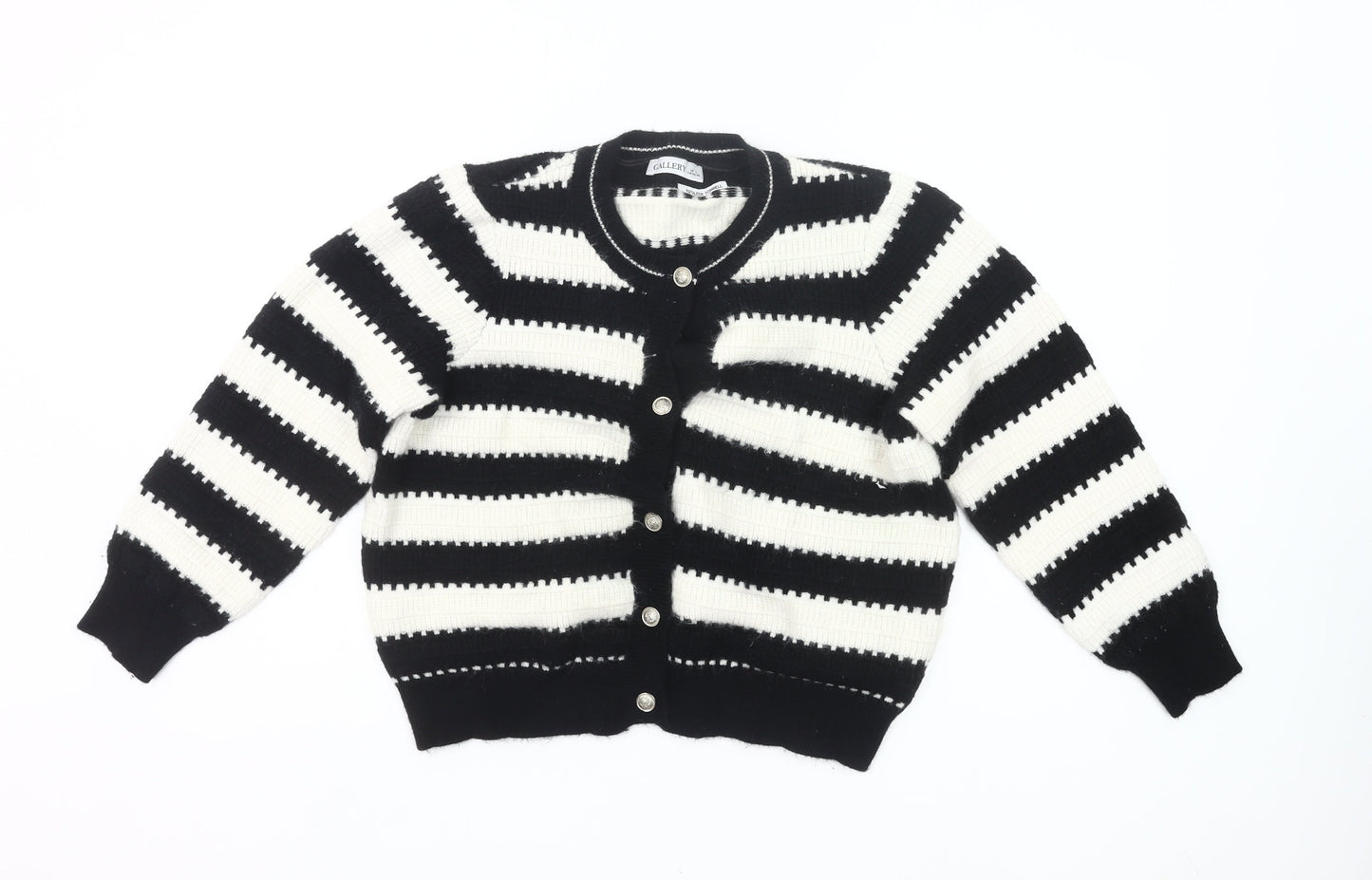 Gallery Womens Black White Striped Knit Cardigan L UK Crew Neck
