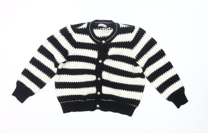 Gallery Womens Black White Striped Knit Cardigan L UK Crew Neck