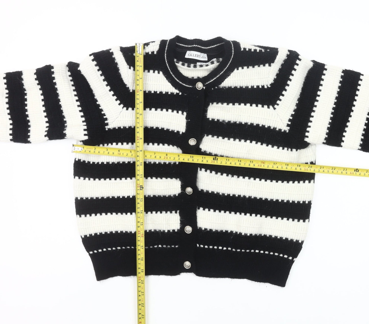 Gallery Womens Black White Striped Knit Cardigan L UK Crew Neck